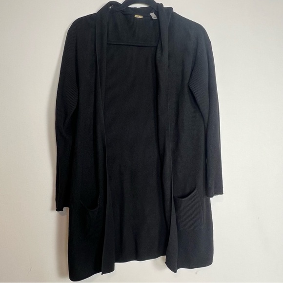 Elie Tahari Sweaters - Tahari Black Ribbed Knit Tunic Length Open Front Cardigan Sweater Pockets Medi